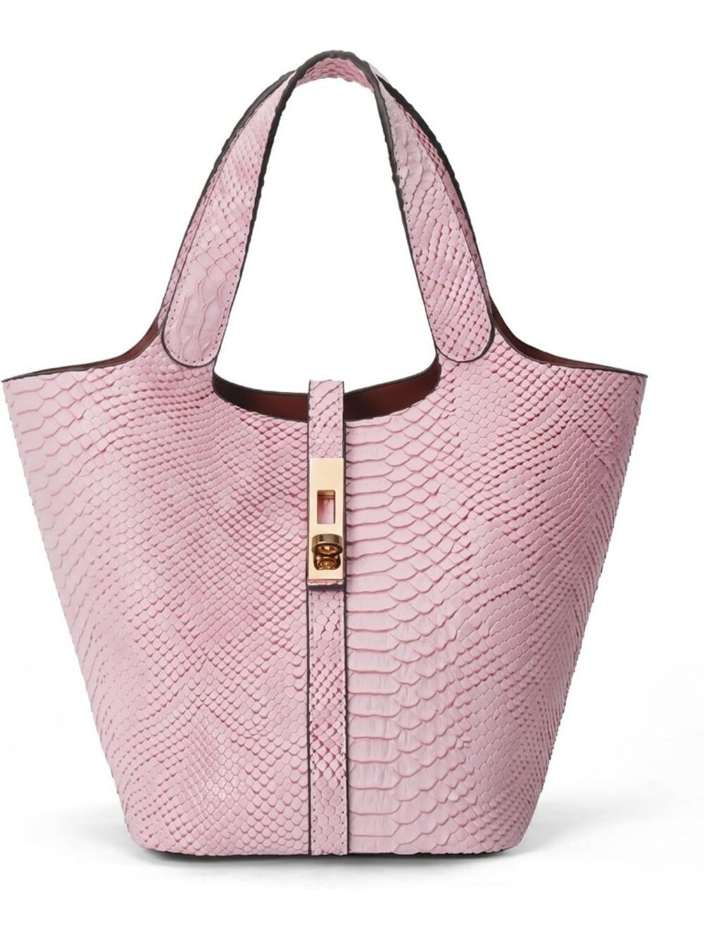 Women's Light Pink Vegan Leather Satchel Tote Handle Lock Design Bucket Purse